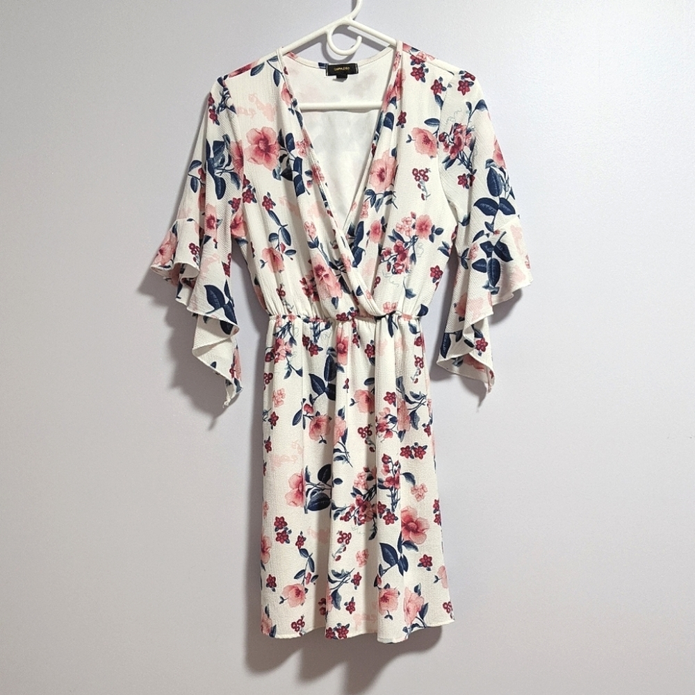 Espresso White Floral Flute-Sleeve Dress